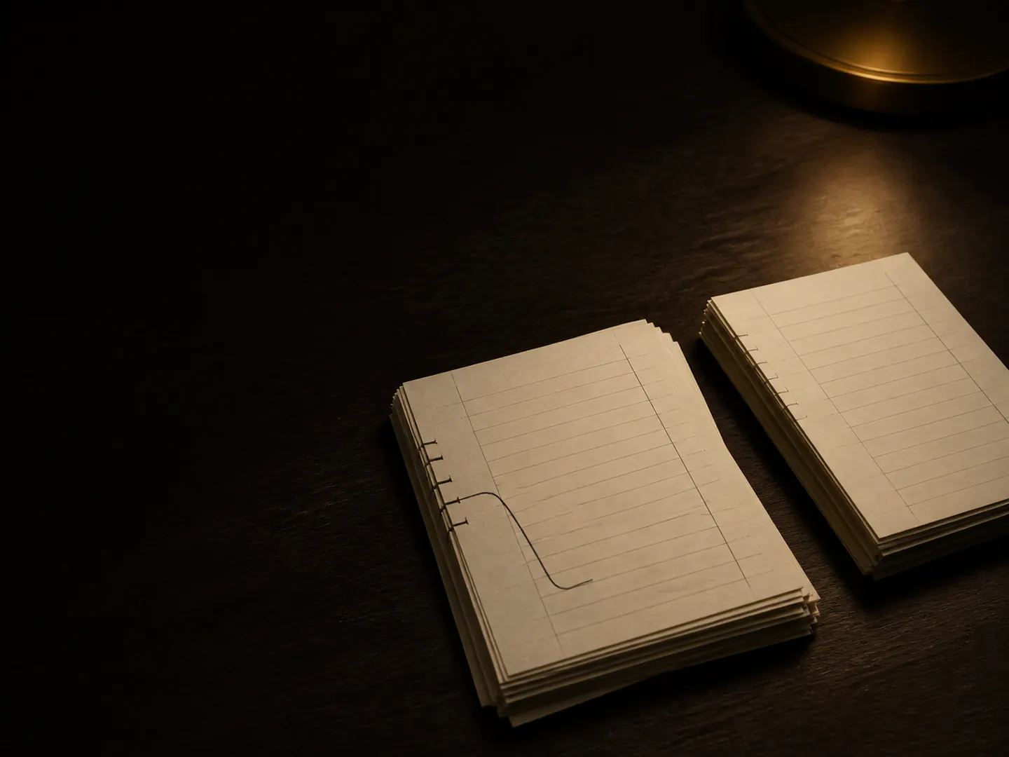Two stacks of blank ledger slips sorted under a warm desk lamp
